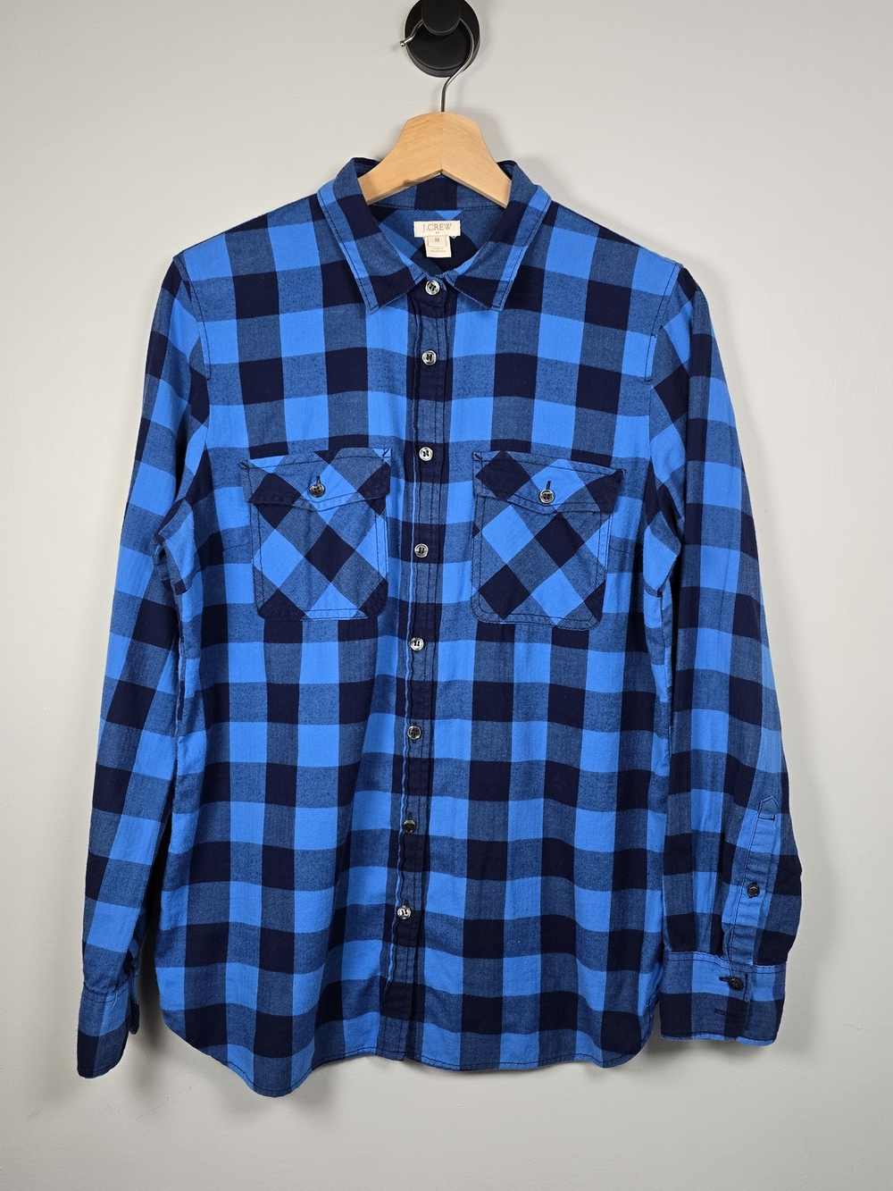 J. Crew Blue and Navy Check Button-Up Shirt Flannel Cotton